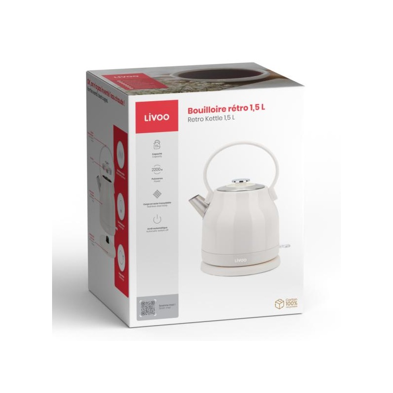 Bouilloire rétro 1,5L électrique 2200W en inox Livoo