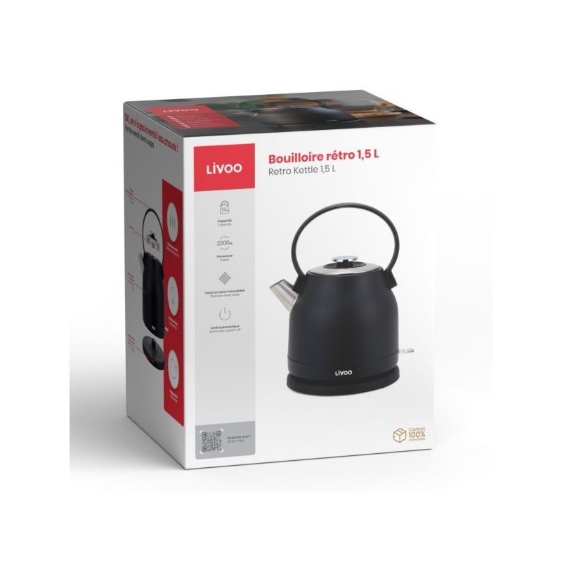 Bouilloire rétro 1,5L électrique 2200W en inox - Noir Livoo