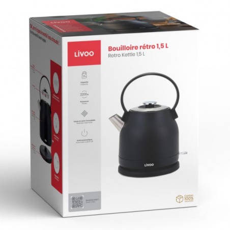 Bouilloire rétro 1,5L électrique 2200W en inox - Noir Livoo