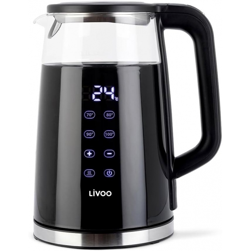 Bouilloire digitale à température réglable 1,7L électrique 2200W en verre et inox Livoo