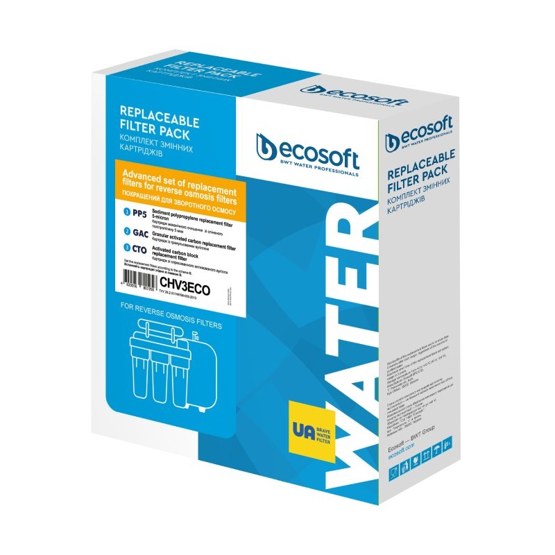 Lot de 3 filtres de remplacement Advanced pour osmoseur (PP5, GAC, CTO) Ecosoft