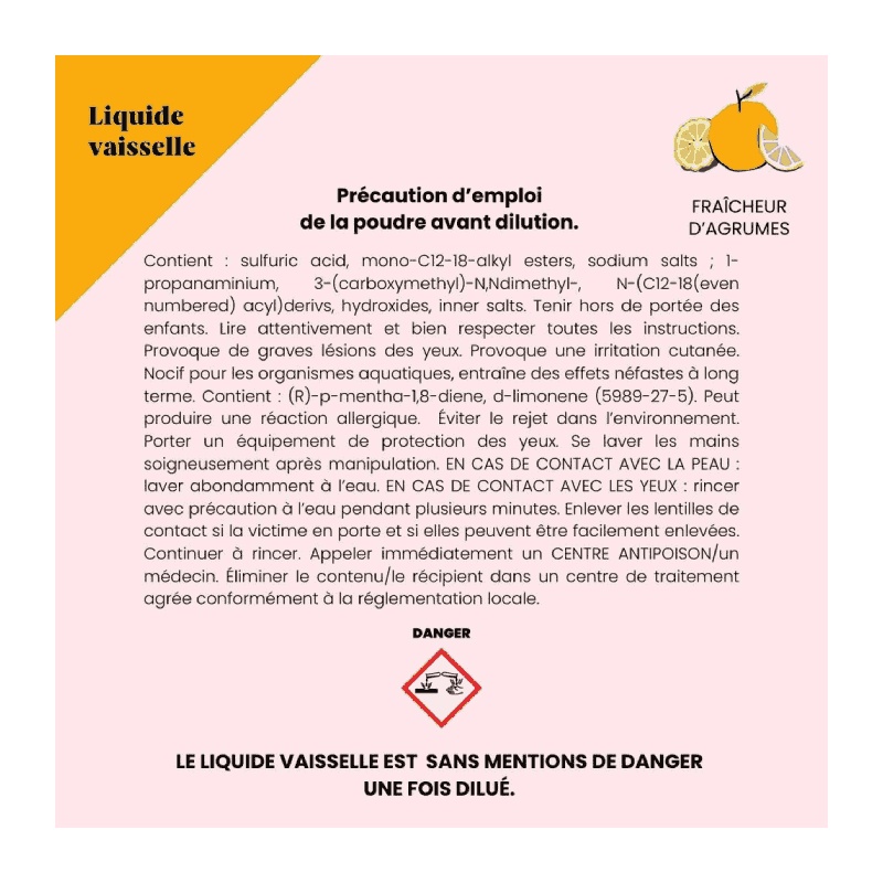 Précautions emploi - Recharge Liquide Vaisselle Agrumes Pimpant