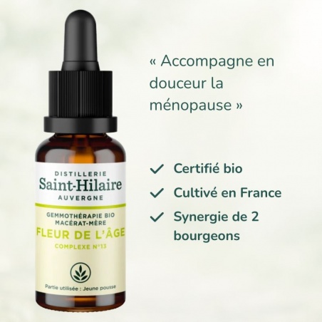 Bienfaits complexe de gemmothérapie FLEUR DE L'AGE (ménaupose) certifié bio