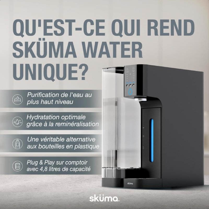 Avantages du Sküma Water : eau pure, écoresponsable, sans plastique et personnalisable