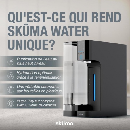 Avantages du Sküma Water : eau pure, écoresponsable, sans plastique et personnalisable