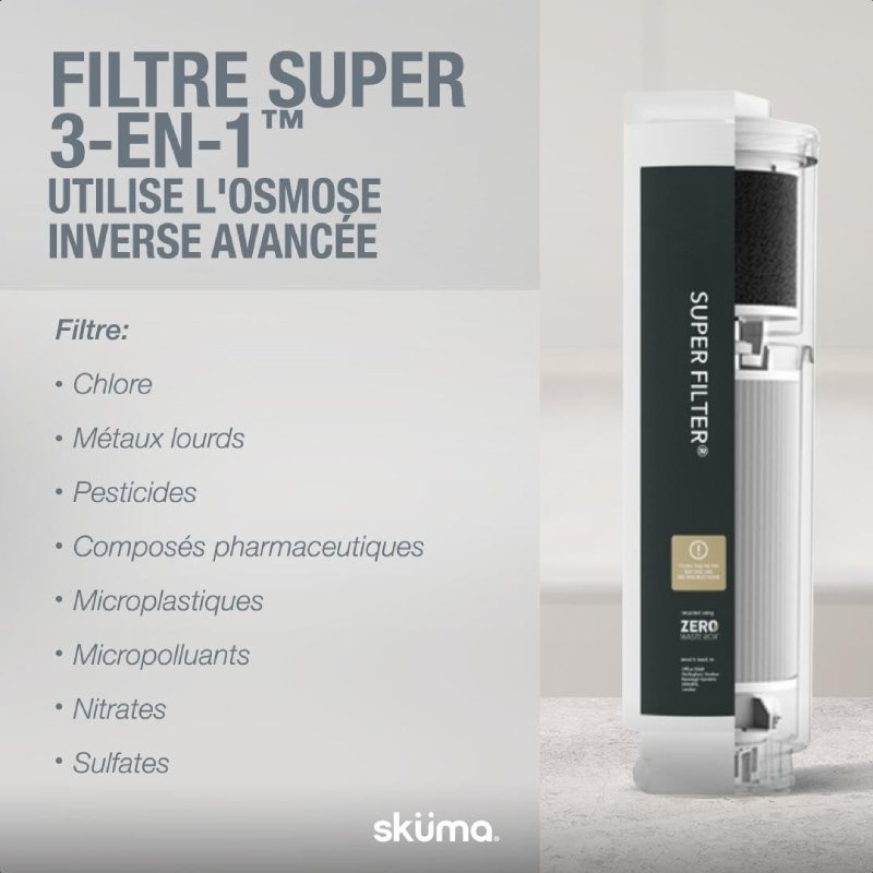 Filtre 3-en-1 Sküma : osmose inverse, charbon actif, reminéralisation personnalisée