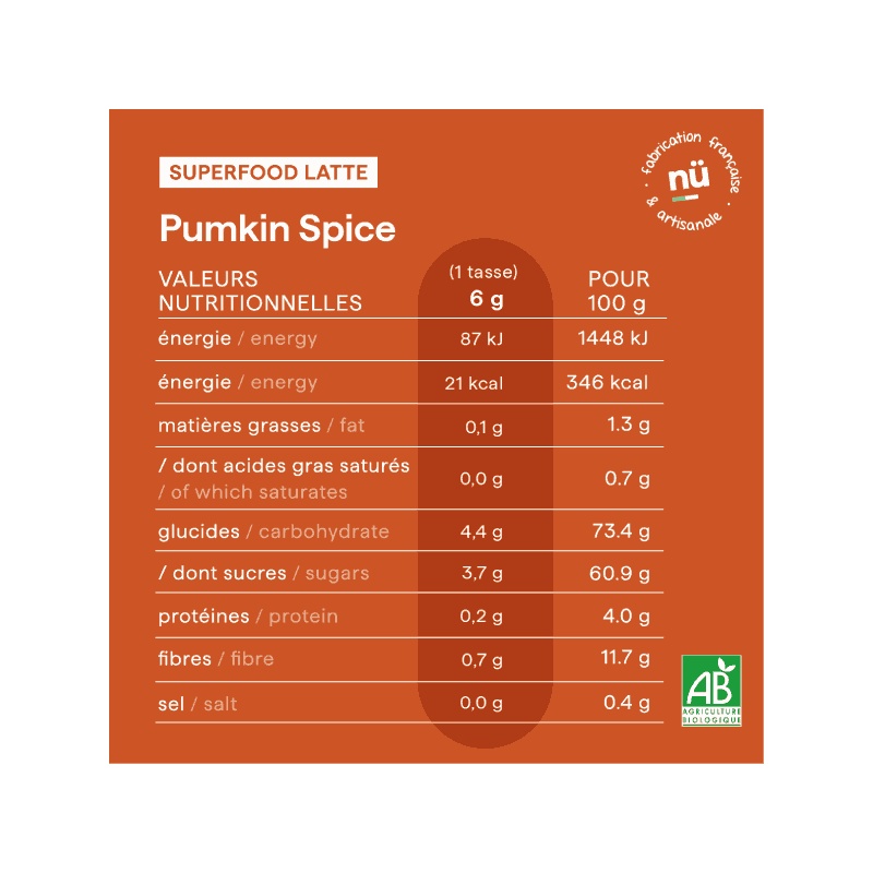 Morning latte - Pumpkin spice - Citrouille, épices nüMorning - valeurs nutritives