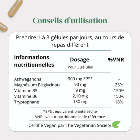 Informations nutritionnelles : Ashwagandha KSM-66® + Magnésium + Tryptophane Argalys