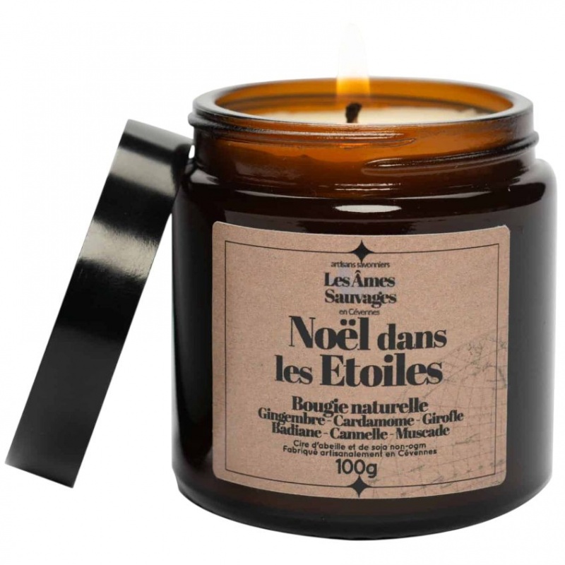 Bougie naturelle artisanale Noël dans les étoiles - Gingembre, Muscade, Cannelle - 100gr Les Âmes Sauvages