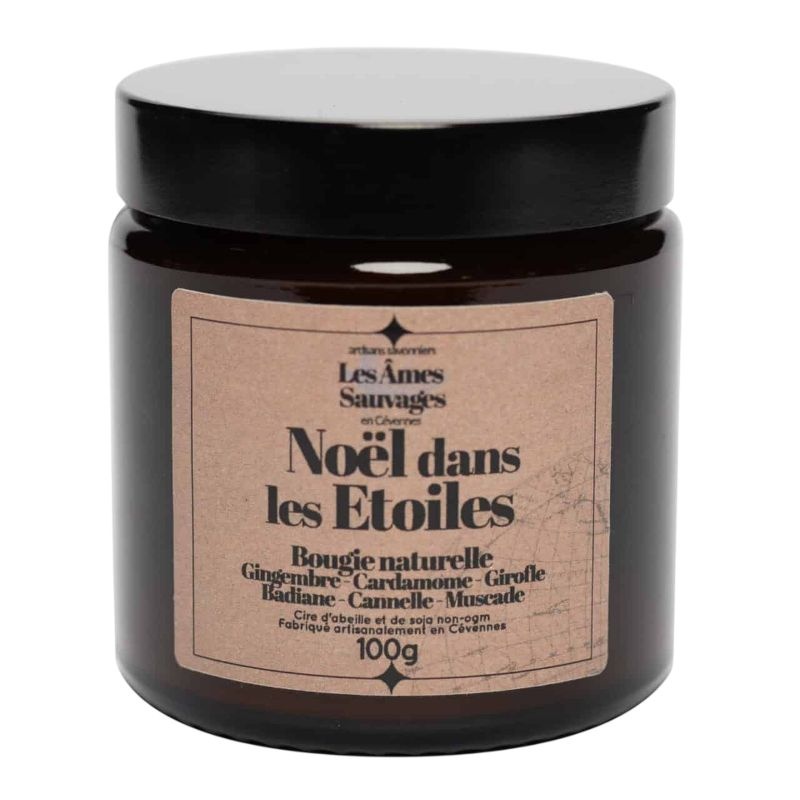 Bougie naturelle artisanale Noël dans les étoiles - Gingembre, Muscade, Cannelle - 100gr Les Âmes Sauvages