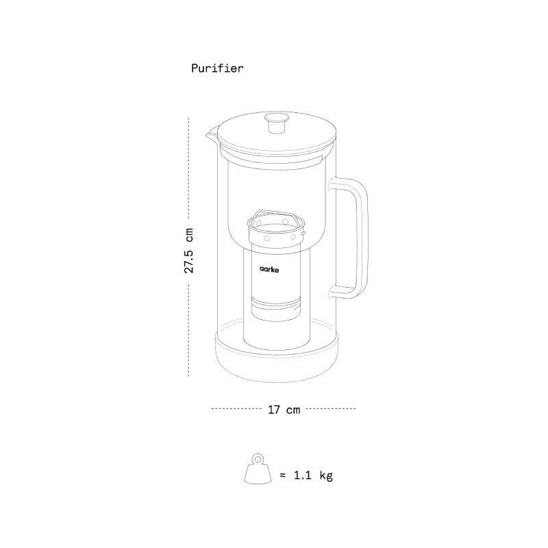 Dimensions carafe AARKE Purifier 1.18L