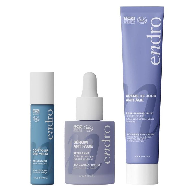 Routine visage Anti-Âge complète ENDRO : crème de jour, sérum repulpant, contour des yeux