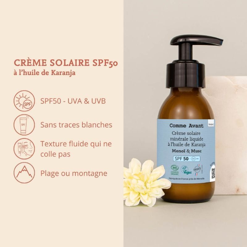 Crème solaire liquide minérale SPF50 Monoï Musc - Avantages