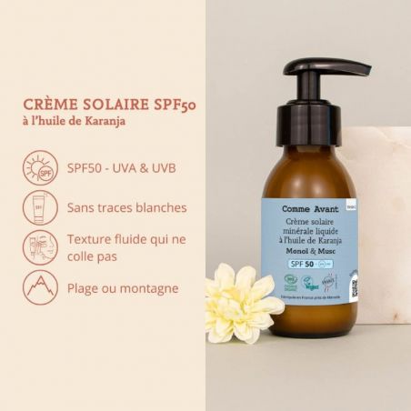 Crème solaire liquide minérale SPF50 Monoï Musc - Avantages