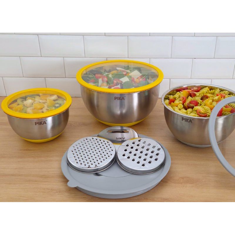 Set de 3 bols alimentaires inox + 3 rapes intégrées - PIKA