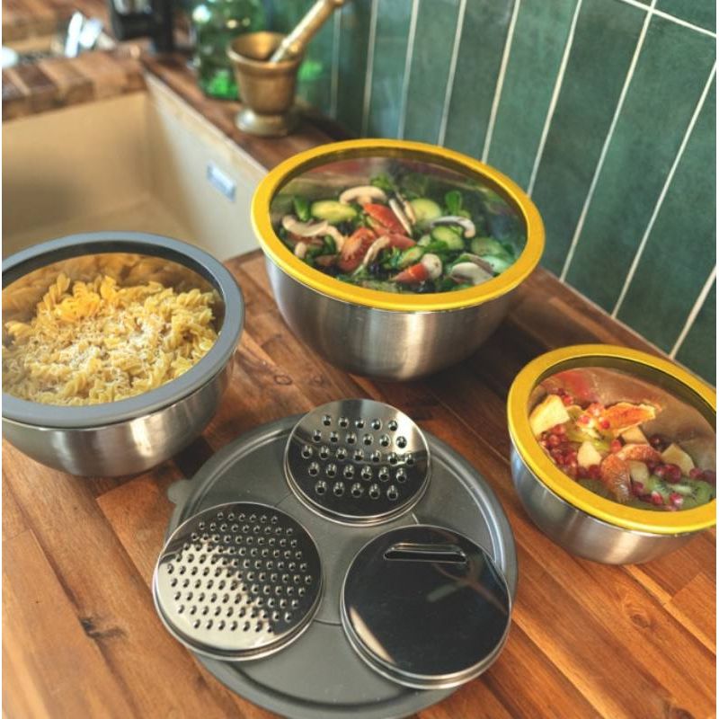 Set de 3 bols alimentaires inox + 3 rapes intégrées - PIKA
