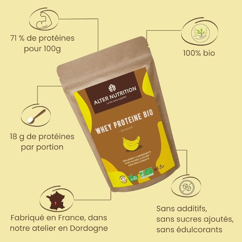 Protéine Whey Bio - saveur naturelle de Banane - 1 kg