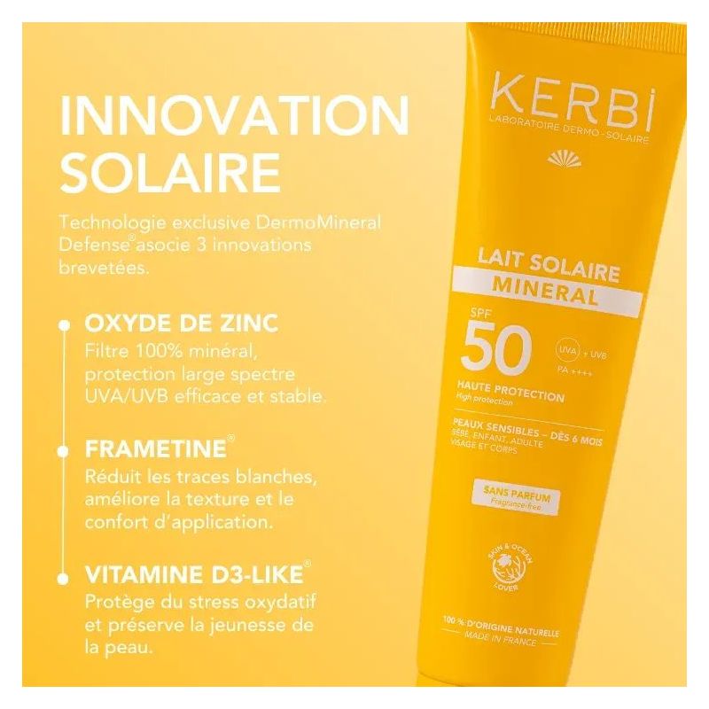 Bénéfice de la crème lait solaire minéral SPF50 KERBI Sans parfum - grand format