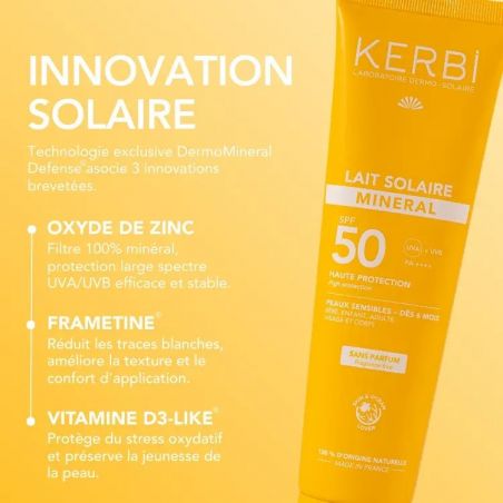 Bénéfice de la crème lait solaire minéral SPF50 KERBI Sans parfum - grand format