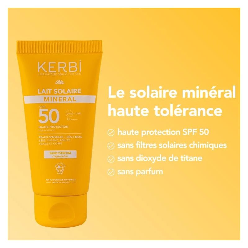 Bénéfice de la crème lait solaire minéral SPF50 KERBI Sans parfum - petit format