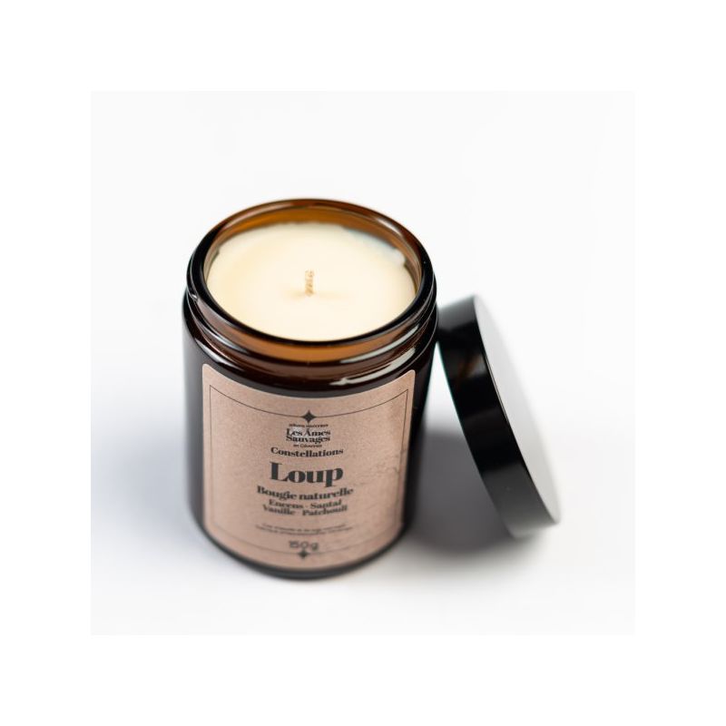 Bougie naturelle artisanale Loup - Encens, Santal, Vanille, Patchouli