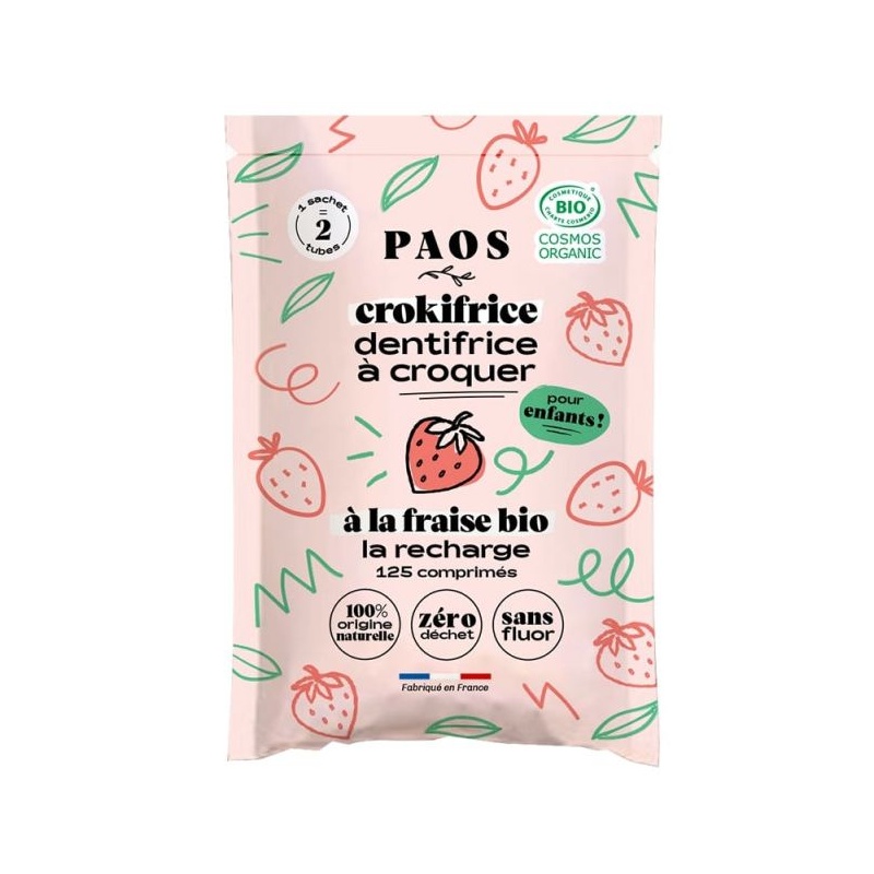 Recharge 125 pastilles dentifrice bio à croquer enfant fraise Paos