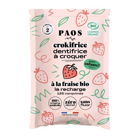 Recharge 125 pastilles dentifrice bio à croquer enfant fraise Paos - Paos