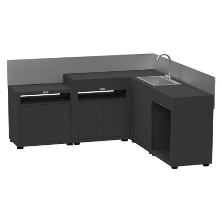 Cuisine extérieure d'angle - 5 éléments avec crédences - Noire Le Marquier - Le Marquier