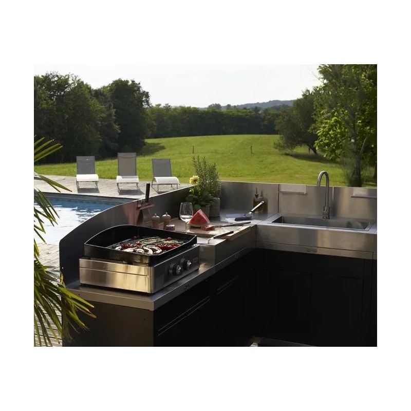 Cuisine extérieure d'angle - 5 éléments avec crédences - Inox DUO Le Marquier