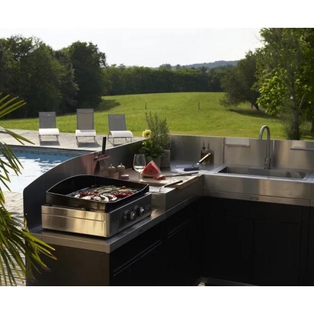 Cuisine extérieure d'angle - 5 éléments avec crédences - Inox DUO Le Marquier