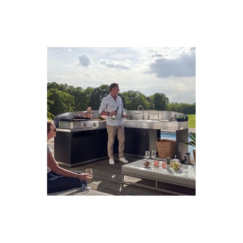 Cuisine extérieure d'angle - 5 éléments avec crédences - Inox DUO Le Marquier