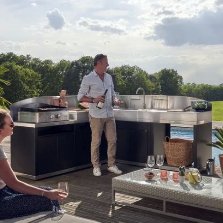 Cuisine extérieure d'angle - 5 éléments avec crédences - Inox DUO Le Marquier