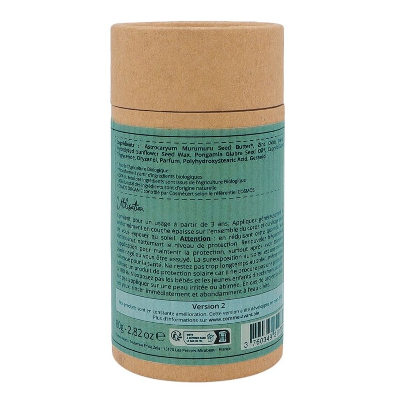 Crème solaire bio minérale solide SPF50 à l'huile de karanja - Parfum Monoï Comme Avant