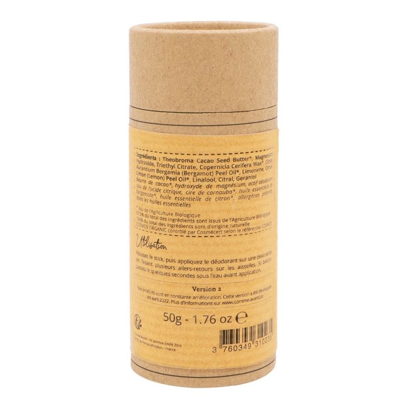 Déodorant solide bio au beurre de cacao parfum Citron et Bergamote - Comme Avant