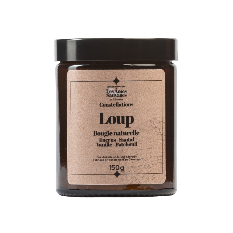 Bougie naturelle artisanale Loup - Encens, Santal, Vanille, Patchouli - 150gr Les Âmes Sauvages