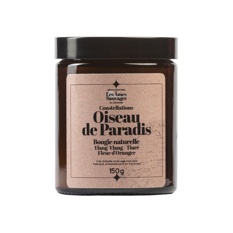 Bougie naturelle artisanale Oiseau de Paradis - Ylang-ylang, Tiaré, Fleur d'oranger - 150gr Les Âmes Sauvages