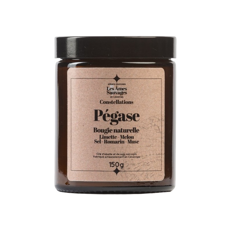 Bougie naturelle artisanale Pégase - Limette, Melon, Sel, Romarin, Musc - 150gr Les Âmes Sauvages
