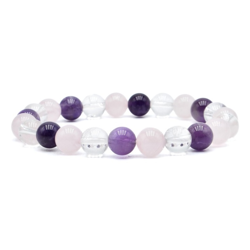 Bracelet Améthyste, Cristal de Roche, Quartz Rose - 8mm
