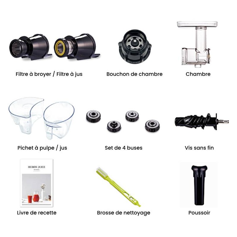 Accessoires livrés avec l'Extracteur de jus Hurom Chef GI - Noir