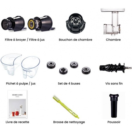 Accessoires livrés avec l'Extracteur de jus Hurom Chef GI - Noir