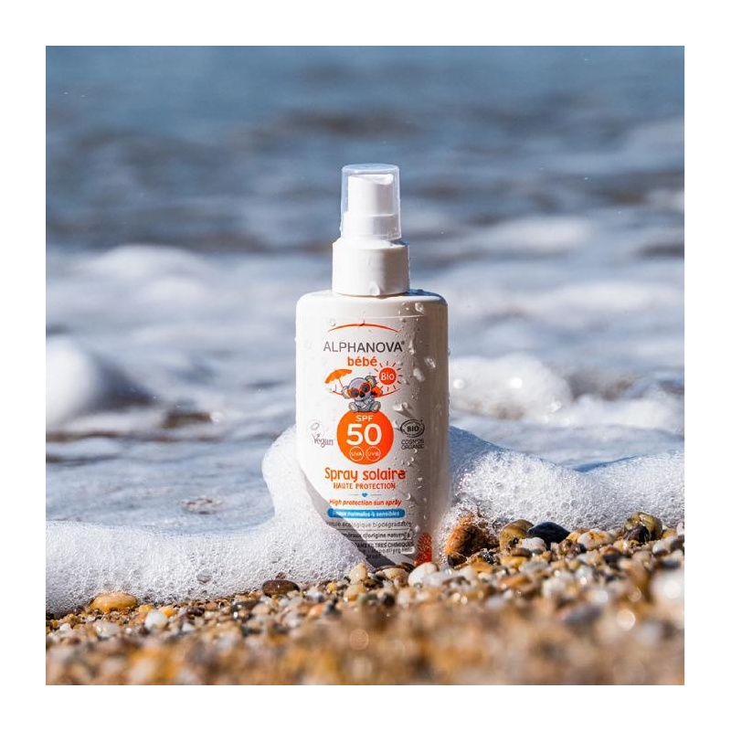 Spray solaire Alphanova bébé hypoallergénique SPF 50 certifié bio