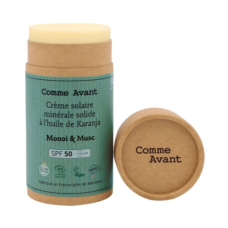 Crème solaire bio minérale solide SPF50 à l'huile de karanja - Parfum Monoï & Musc - Comme Avant
