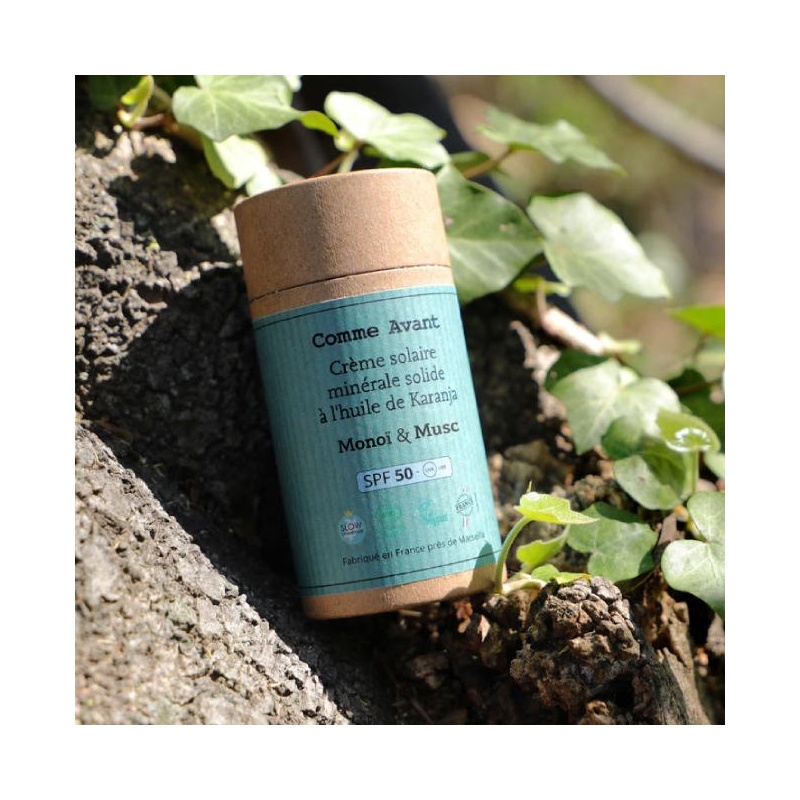 Crème solaire bio minérale solide SPF50 à l'huile de karanja - Parfum Monoï Comme Avant