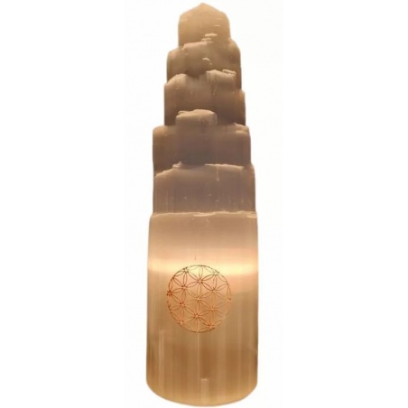 Lampe Sélénite Monolithe Fleur de Vie 30 cm Esoterra - Esoterra